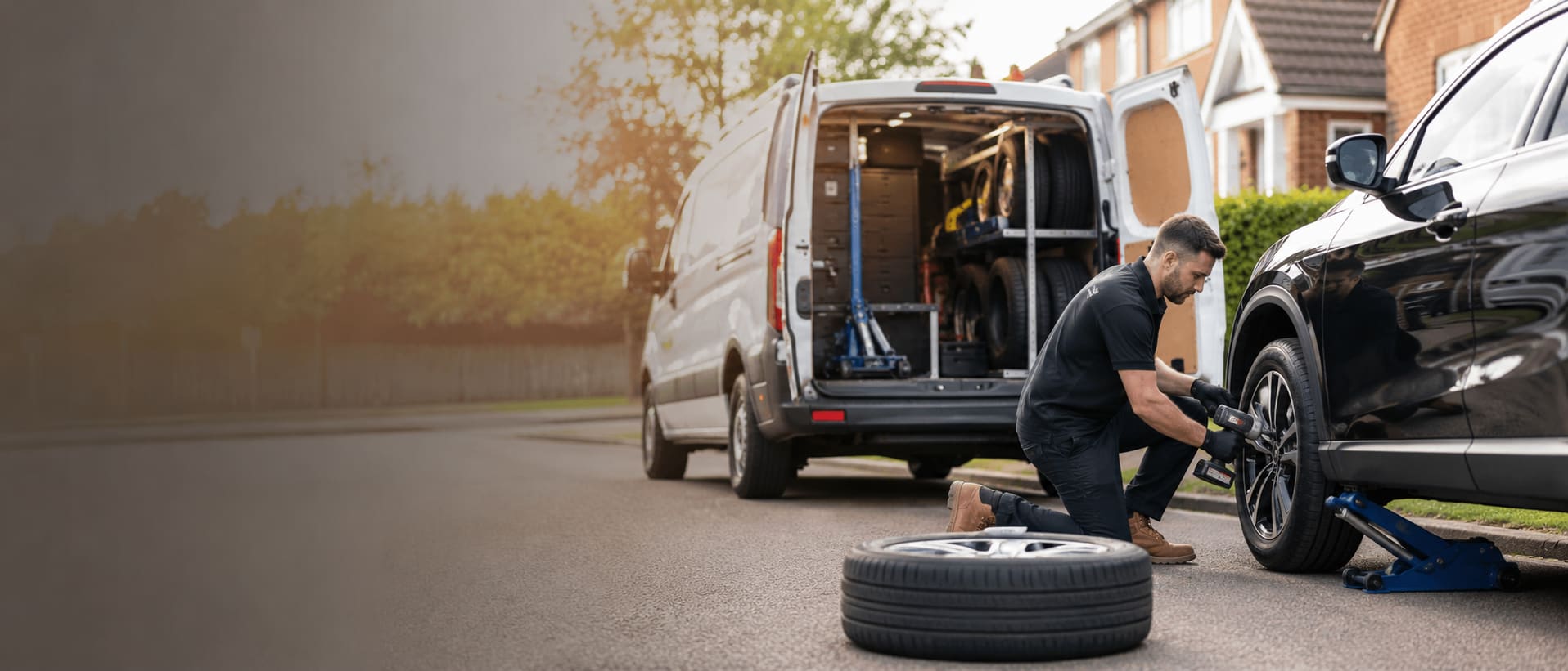 DynamicMobileTyre fitter changing a wheel at a customer's driveway